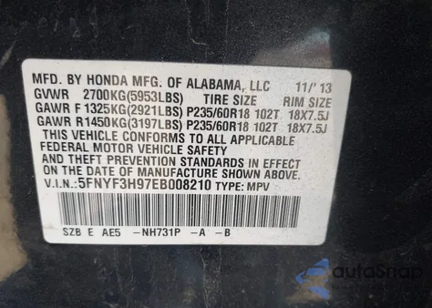 2014 Honda Pilot Touring z USA, uszkodzony, nr VIN 5FNYF3H97EB008210